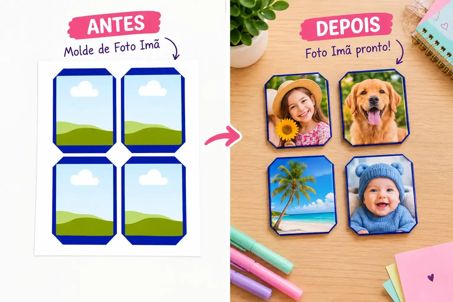 Antes e depois: molde de Foto Imã com borda azul e os imãs prontos