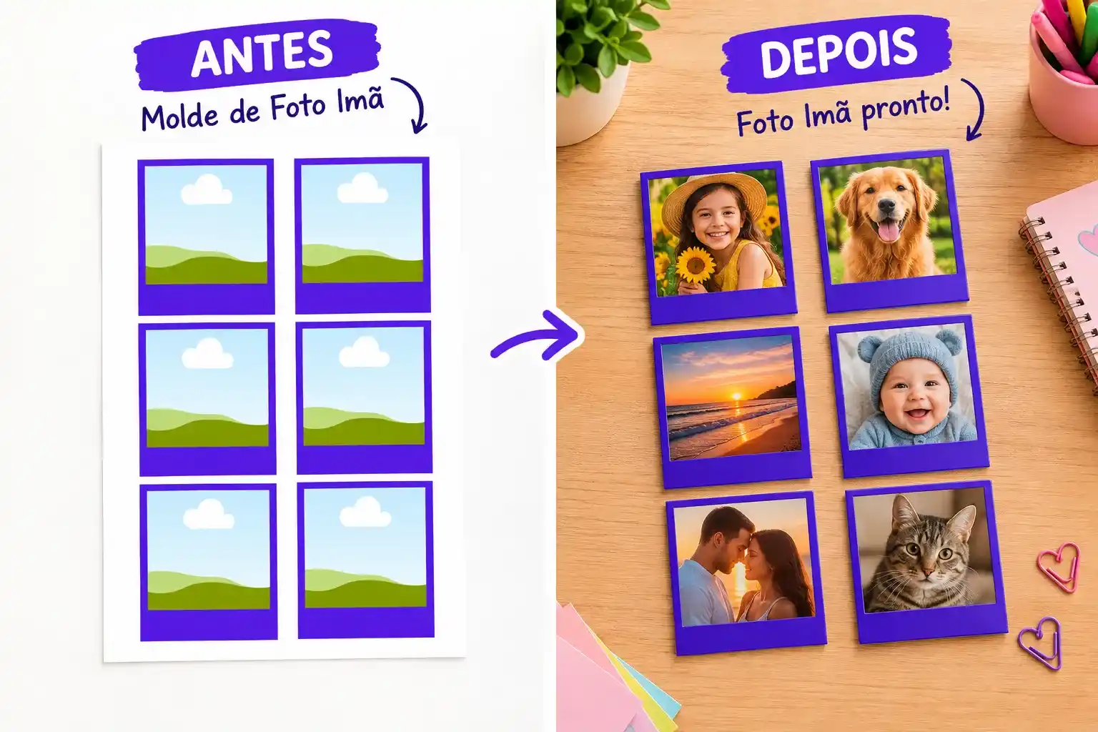 Antes e depois: molde de Foto Imã estilo polaroid e os imãs prontos